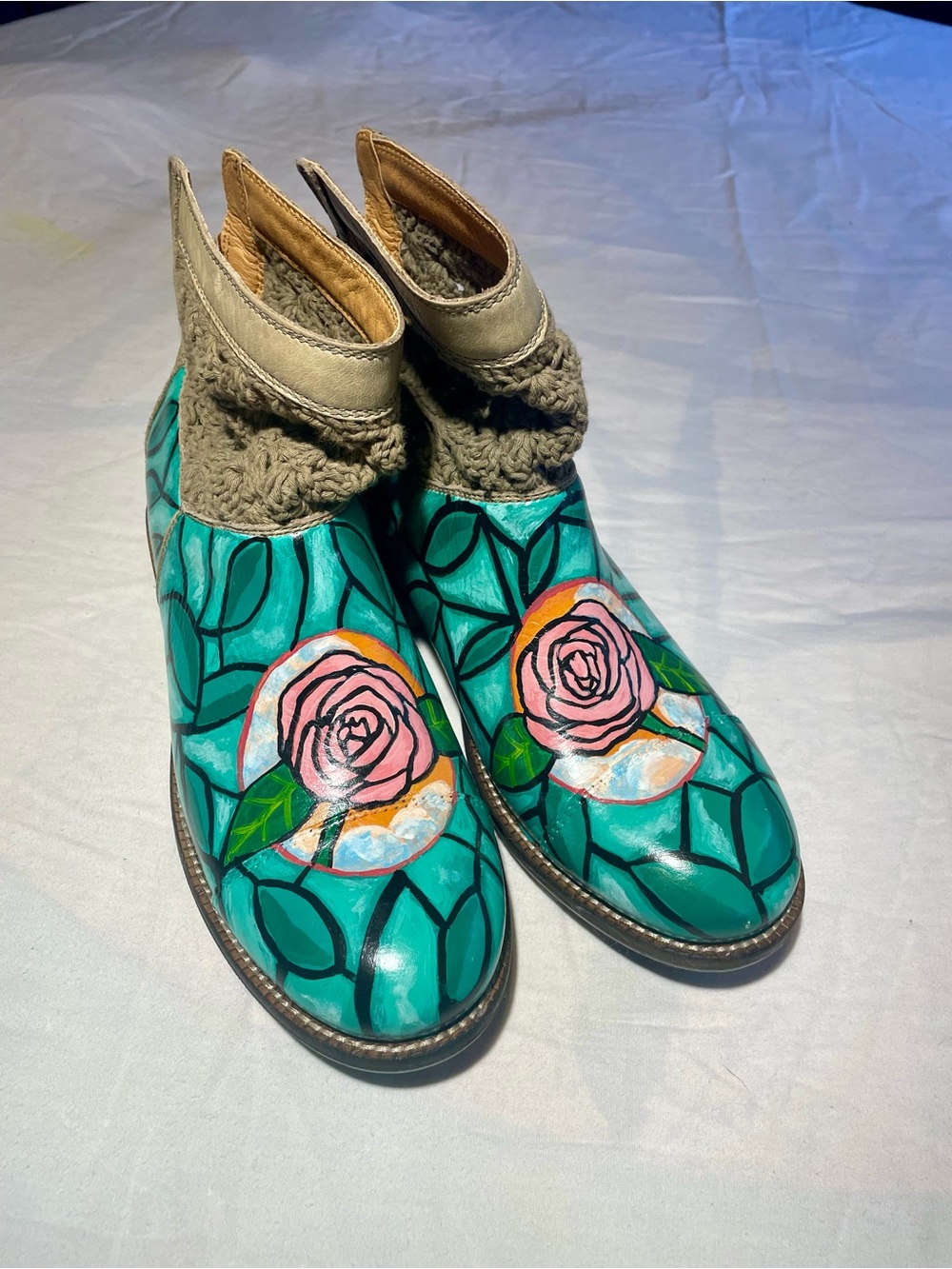 Latigo Footwear Teal Hand-Painted Floral Ankle Boots